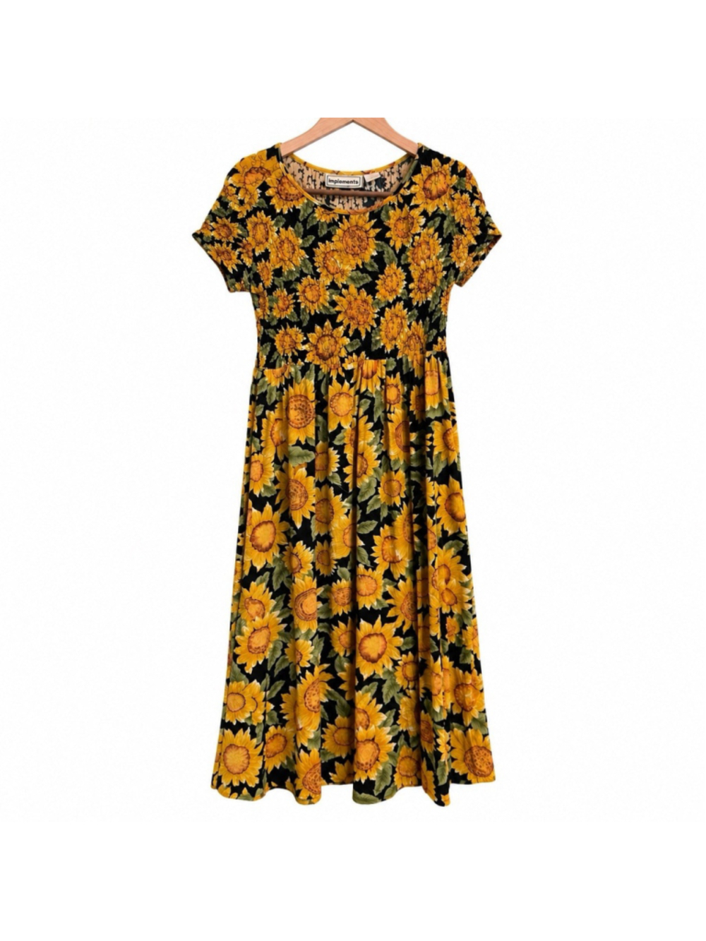 90s Vintage Sunflower Babydoll Rayon Dress Grunge Boho Midi Short Sleeve S